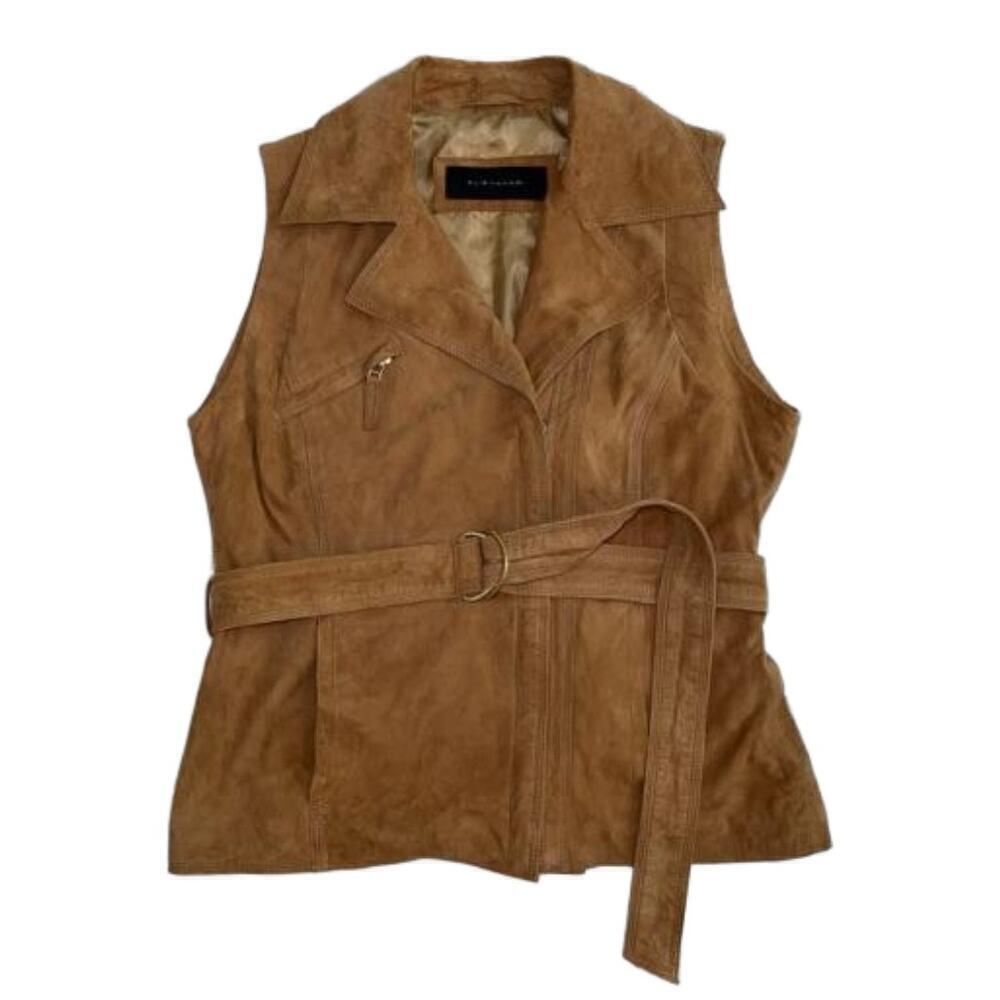 Elie Tahari Leather Wrap Zip Belted Vest Camel Brown Size L Boho Festival Luxury